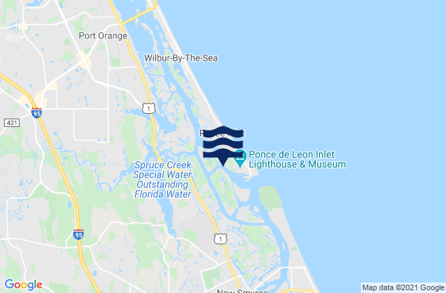 Mapa da tábua de marés em Ponce Inlet Halifax River, United States