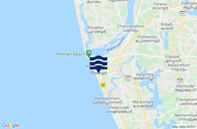 Mapa da tábua de marés em Ponnāni, India