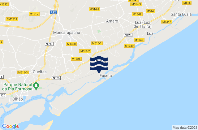 Mapa da tábua de marés em Ponta Pequena, Portugal