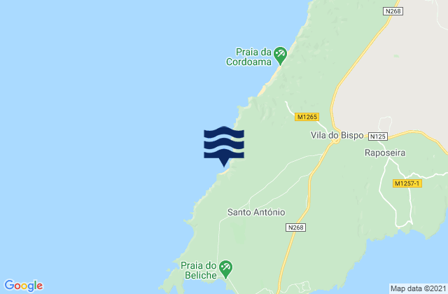 Mapa da tábua de marés em Ponta Ruiva, Portugal