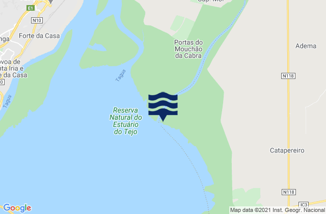 Mapa da tábua de marés em Ponta da Erva, Portugal