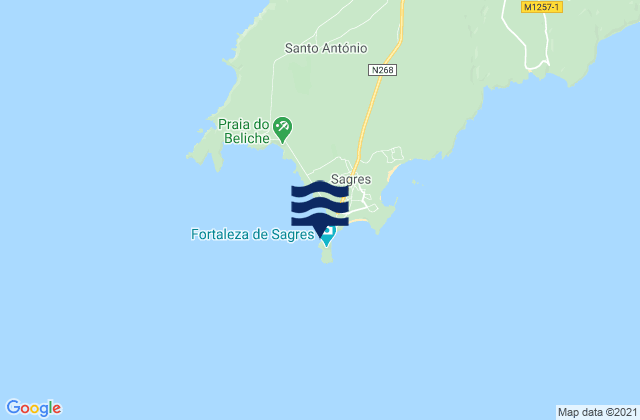 Mapa da tábua de marés em Ponta de Sagres, Portugal