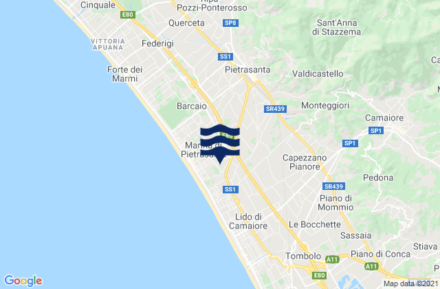Mapa da tábua de marés em Pontestazzemese, Italy