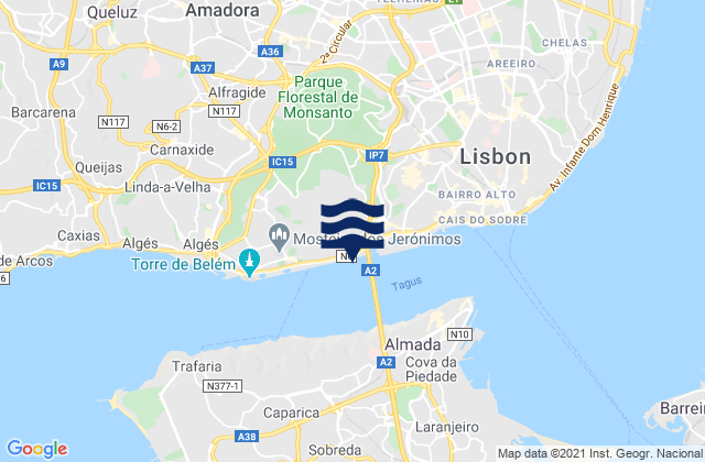 Mapa da tábua de marés em Pontinha, Portugal
