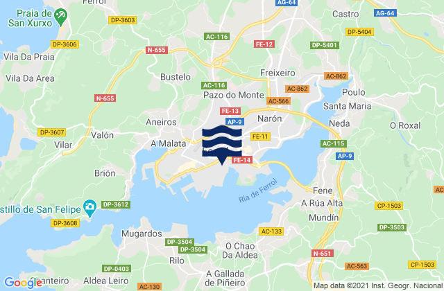 Mapa da tábua de marés em Ponzos, Spain