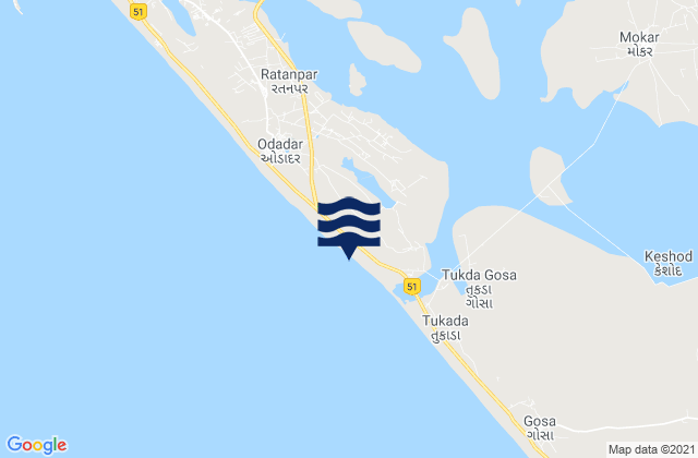 Mapa da tábua de marés em Porbandar, India