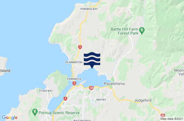 Mapa da tábua de marés em Porirua Harbour (Pauatahanui Arm), New Zealand