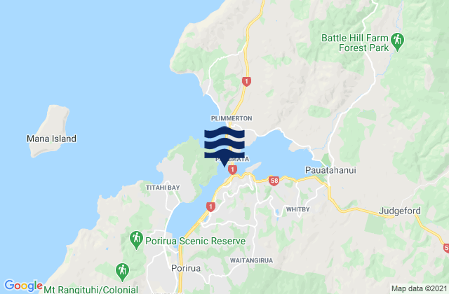 Mapa da tábua de marés em Porirua Harbour - Mana Cruising Club, New Zealand