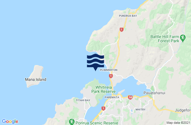 Mapa da tábua de marés em Porirua Harbour, New Zealand