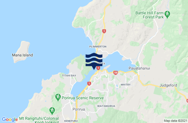 Mapa da tábua de marés em Porirua Harbour, New Zealand