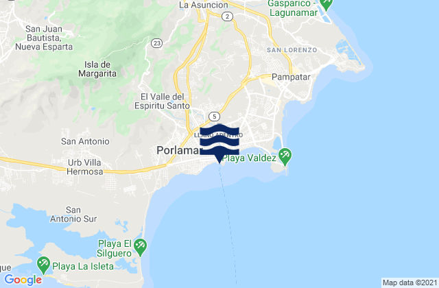 Mapa da tábua de marés em Porlamar Isla de Margarita, Venezuela