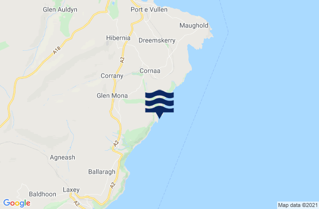 Mapa da tábua de marés em Port Cornaa, Isle of Man