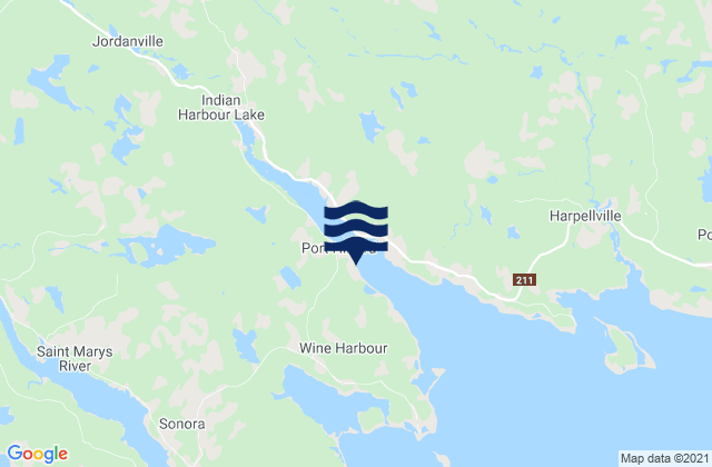 Mapa da tábua de marés em Port Hilford Beach, Canada