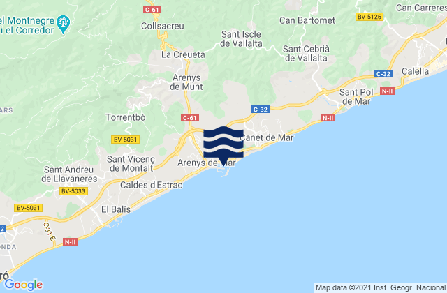 Mapa da tábua de marés em Port d'Arenys, Spain