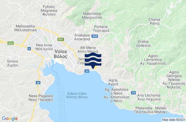Mapa da tábua de marés em Portariá, Greece