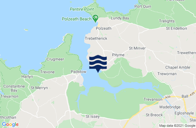 Mapa da tábua de marés em Porthilly Cove (Rock) Beach, United Kingdom