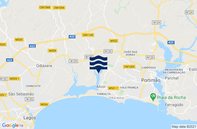 Mapa da tábua de marés em Portimão, Portugal
