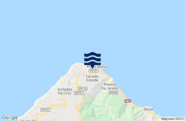 Mapa da tábua de marés em Porto Moniz, Portugal