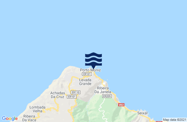 Mapa da tábua de marés em Porto Moniz, Portugal