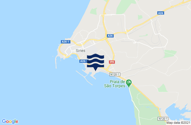 Mapa da tábua de marés em Porto Sines PSA, Portugal