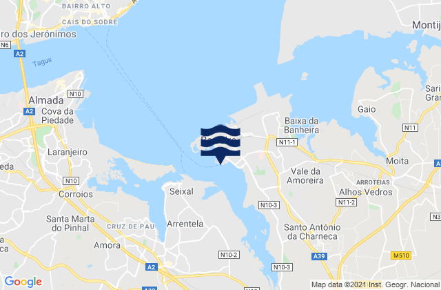 Mapa da tábua de marés em Porto de Barreiro, Portugal