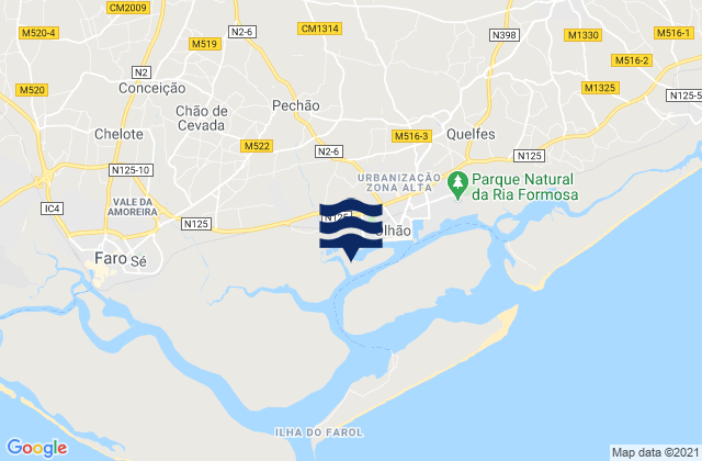 Mapa da tábua de marés em Porto de Faro-Olhao, Portugal
