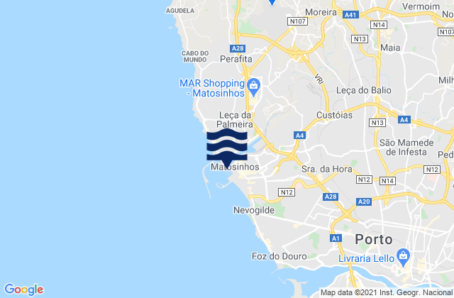 Mapa da tábua de marés em Porto de Leixoes, Portugal