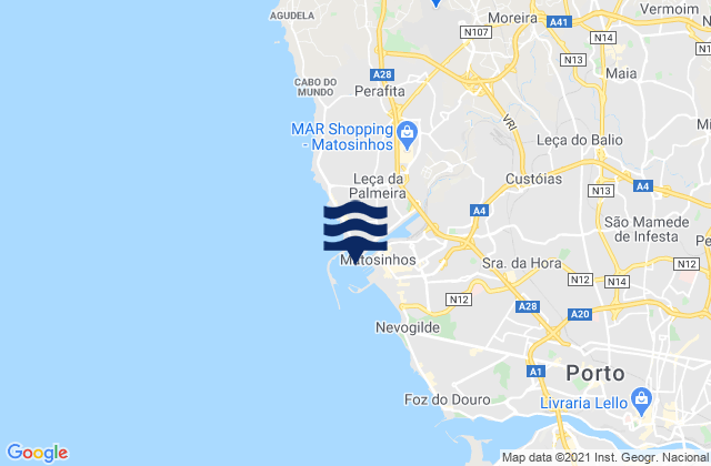 Mapa da tábua de marés em Porto de Leixões, Portugal