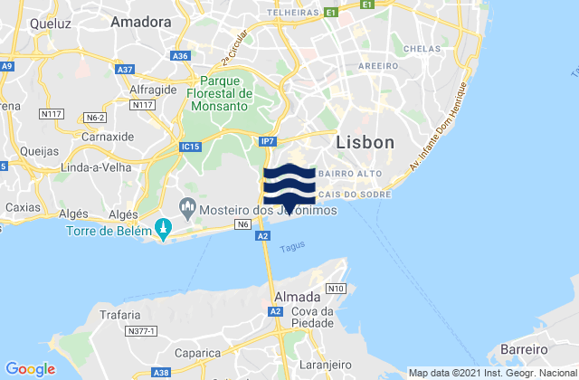 Mapa da tábua de marés em Porto de Lisboa, Portugal