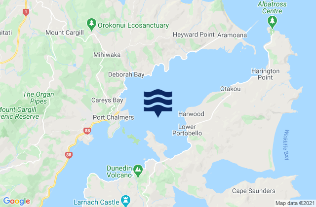 Mapa da tábua de marés em Portobello Bay, New Zealand