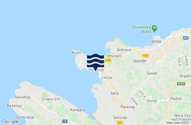 Mapa da tábua de marés em Portorož, Slovenia