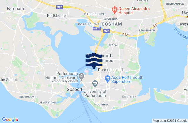 Mapa da tábua de marés em Portsmouth, United Kingdom