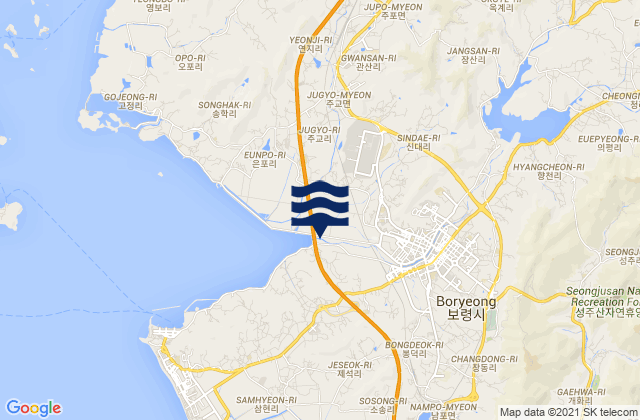 Mapa da tábua de marés em Poryong, South Korea