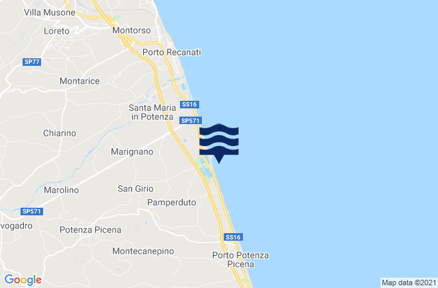 Mapa da tábua de marés em Potenza Picena, Italy