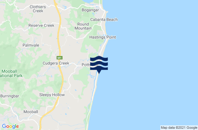 Mapa da tábua de marés em Pottsville Beach, Australia