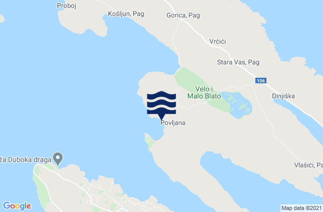 Mapa da tábua de marés em Povljana, Croatia