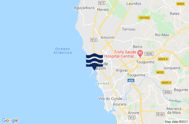 Mapa da tábua de marés em Povoa do Varzim, Portugal