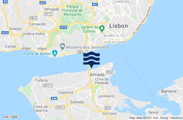 Mapa da tábua de marés em Pragal, Portugal