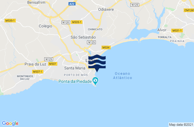 Mapa da tábua de marés em Praia Dona Ana, Portugal