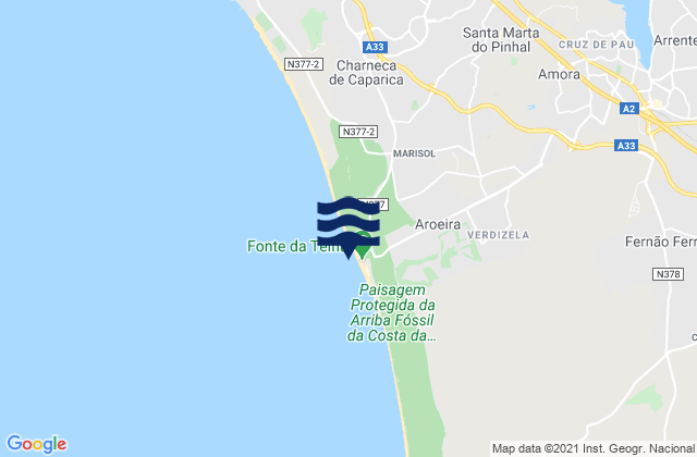 Mapa da tábua de marés em Praia Fonte da Telha, Portugal