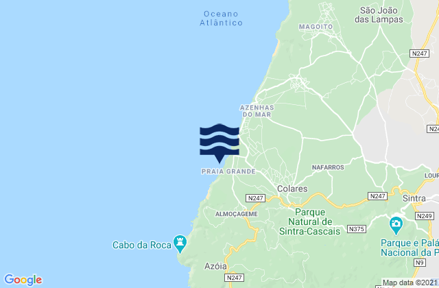 Mapa da tábua de marés em Praia Grande Sintra, Portugal