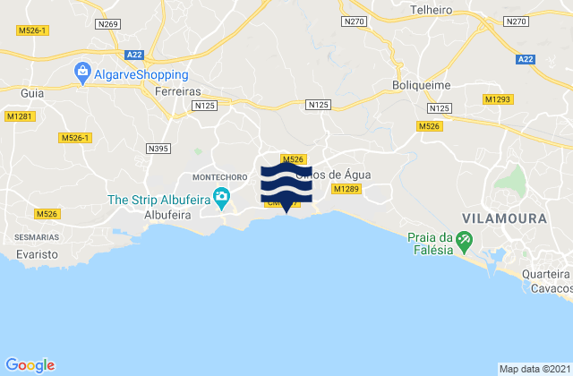 Mapa da tábua de marés em Praia Maria Luisa, Portugal