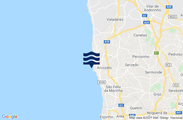 Mapa da tábua de marés em Praia da Aguda, Portugal
