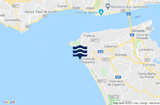 Mapa da tábua de marés em Praia da Costa da Caparica, Portugal