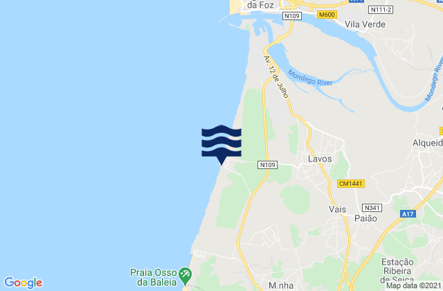 Mapa da tábua de marés em Praia da Costa de Lavos, Portugal