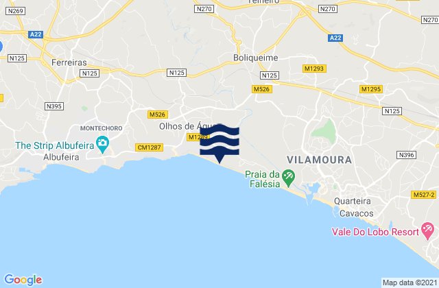 Mapa da tábua de marés em Praia da Falésia, Portugal