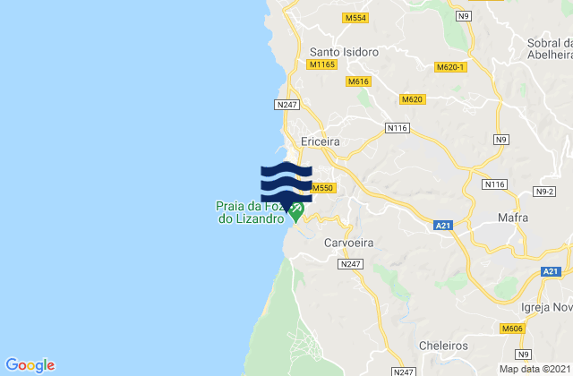 Mapa da tábua de marés em Praia da Foz do Lizandro, Portugal