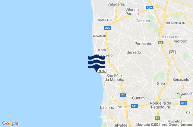 Mapa da tábua de marés em Praia da Granja, Portugal