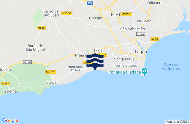 Mapa da tábua de marés em Praia da Luz, Portugal