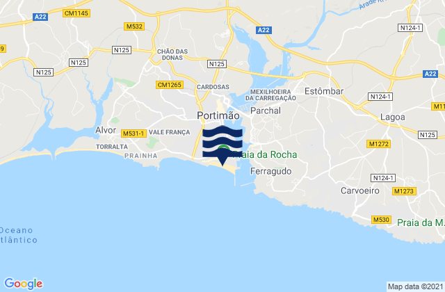 Mapa da tábua de marés em Praia da Rocha, Portugal